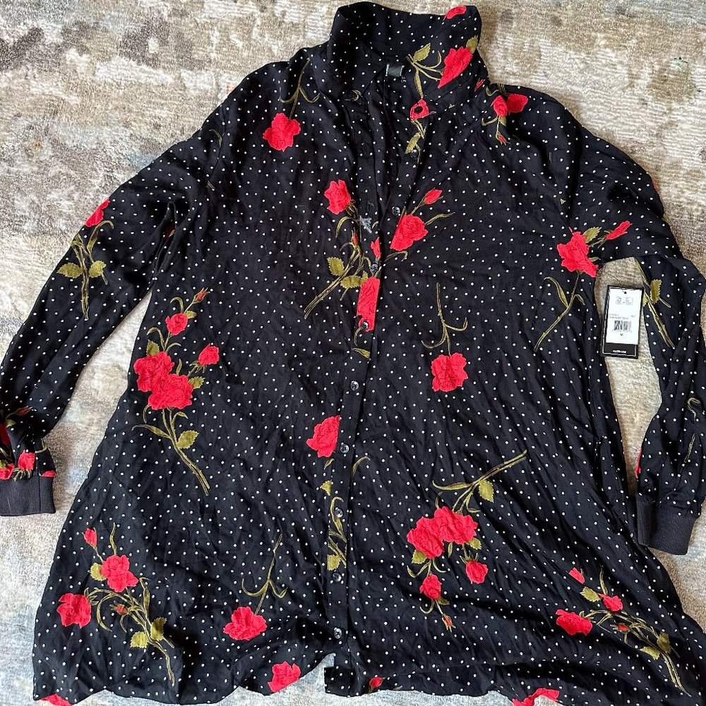 NWT Volcom Button Front Black Floral Polka Dot Dress